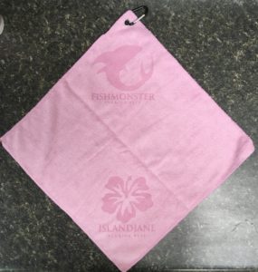 Pink golf towel 2 custom laser etch logos