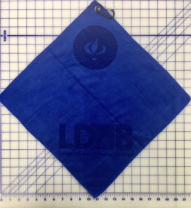 Royal blue golf towel custom two laser etch logos