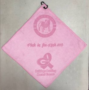 Awareness pink golf towel 3 custom laser etch logos