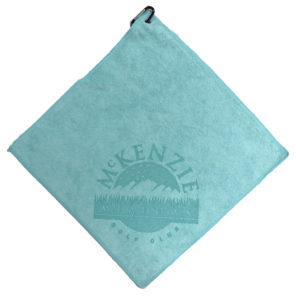Caribbean aqua blue golf towel laser etch logo bottom corner