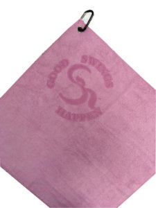 Pink golf towel custom laser etch logo under clip