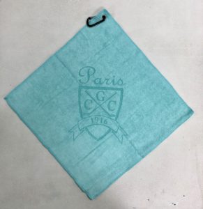 Aqua golf towel custom laser etch logo