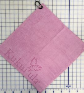 Pink golf towel custom laser etch logo edge seam