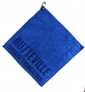 Royal blue golf towel custom laser etch logo along seam