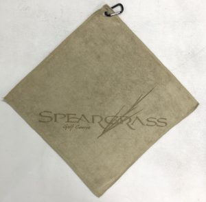 Khaki tan golf towel custom laser etch logo in bottom corner